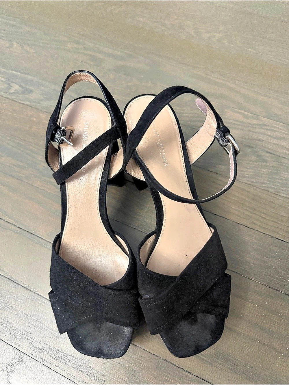 Stuart Weitzman Maven Block-Heel Sandal Black Ankle Strap Heels